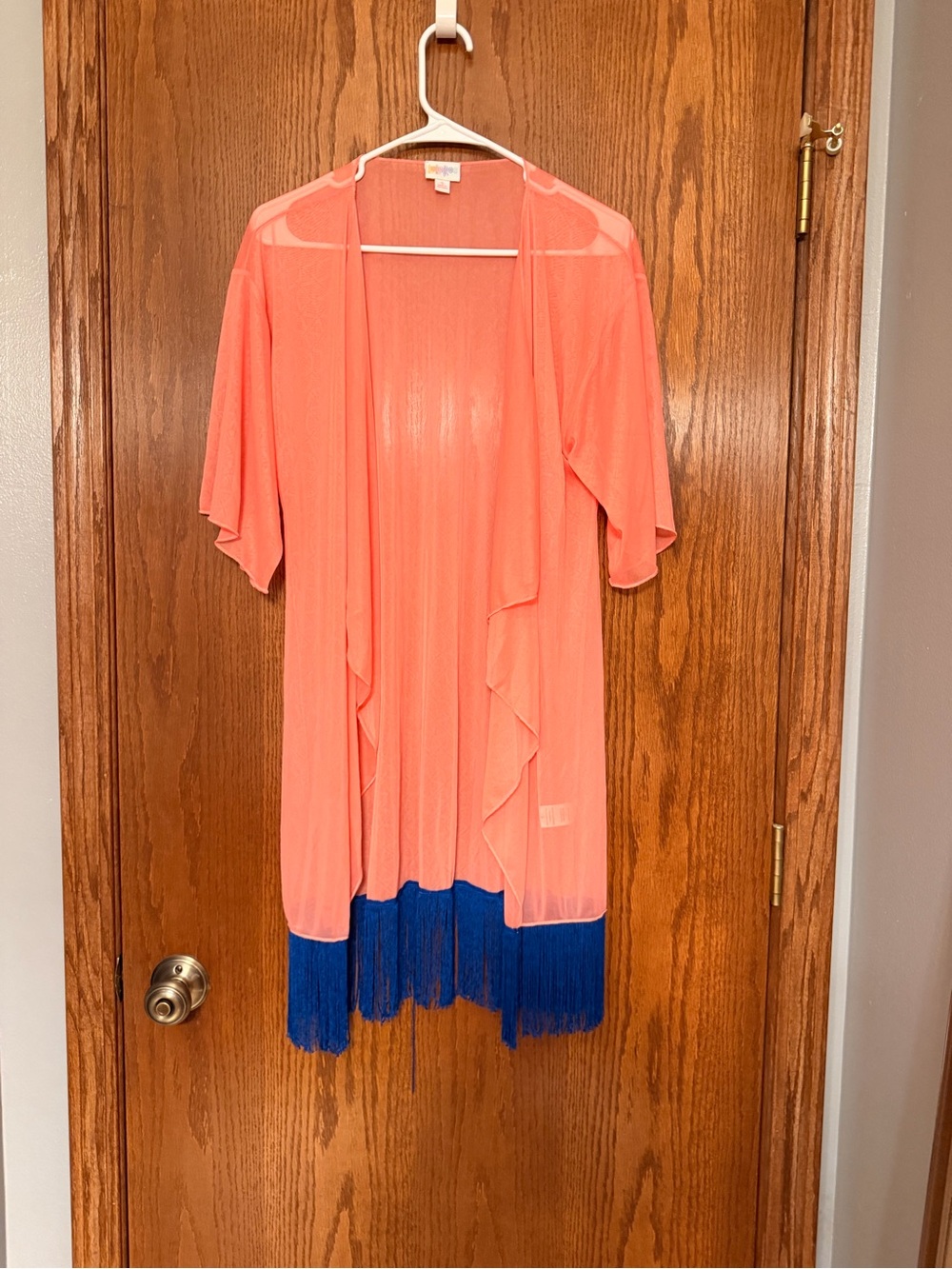 LuLaRoe Coral Pink Open-Front Fringe Kimono with Blue Trim
